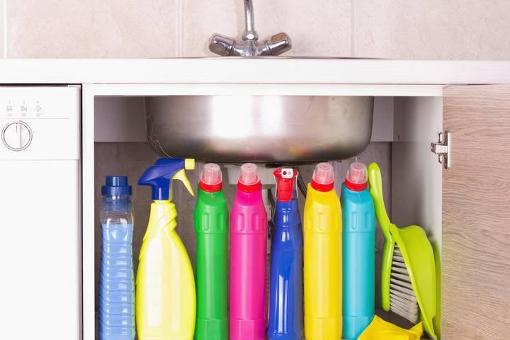 If the kitchen sink smells, start by cleaning and organizing underneath the sink.